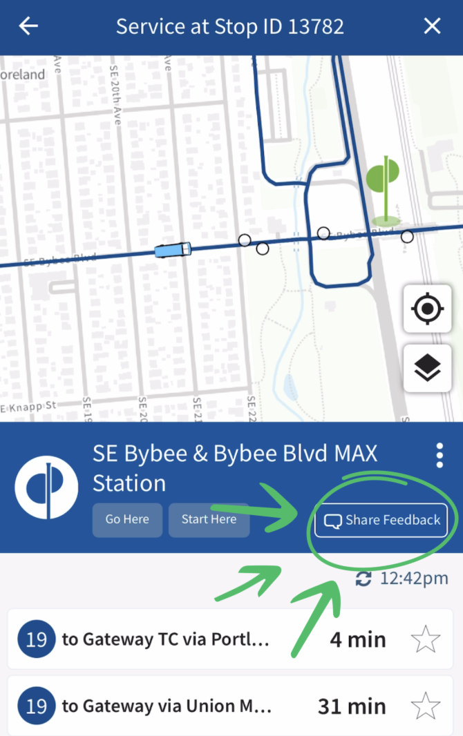 screenshot of trimet.org trip planning page with a feedback button
