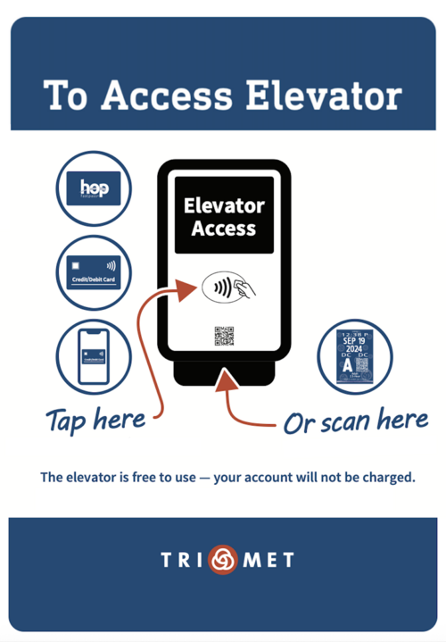 This is a graphic of the elevator access reader. It has the text "To Access Elevator" with icons of showing what to tap and scan, and where.