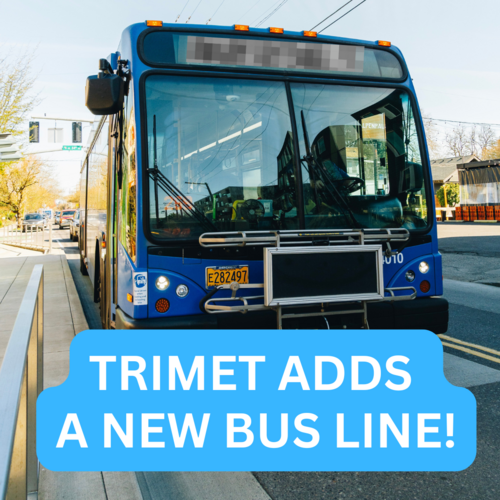 Bus with "TriMet adds a new bus line" text