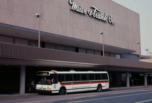 TriMet bus next to the Lloyd Center mall building in 1988 