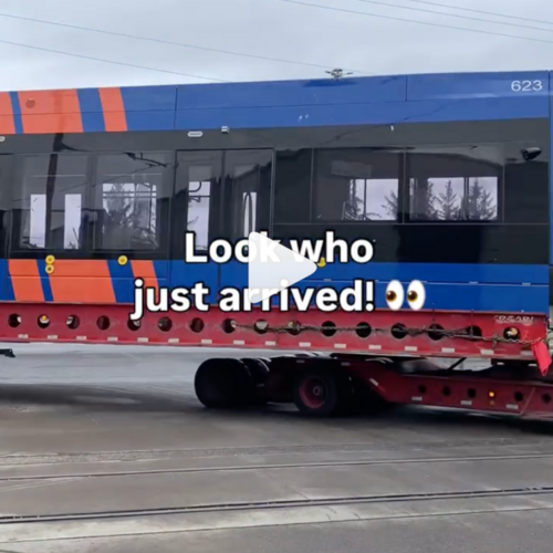 Type 6 train being pulled into a TriMet facility 