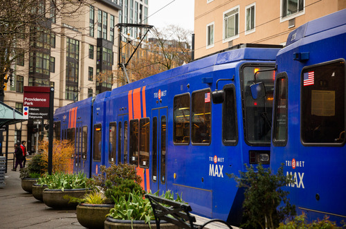 Image of a TriMet MAX Red Line train at the Providence Park MAX Station