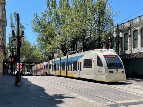Image of a TriMet MAX train approaching the Skidmore Fountain MAX Station in Downtown Portland