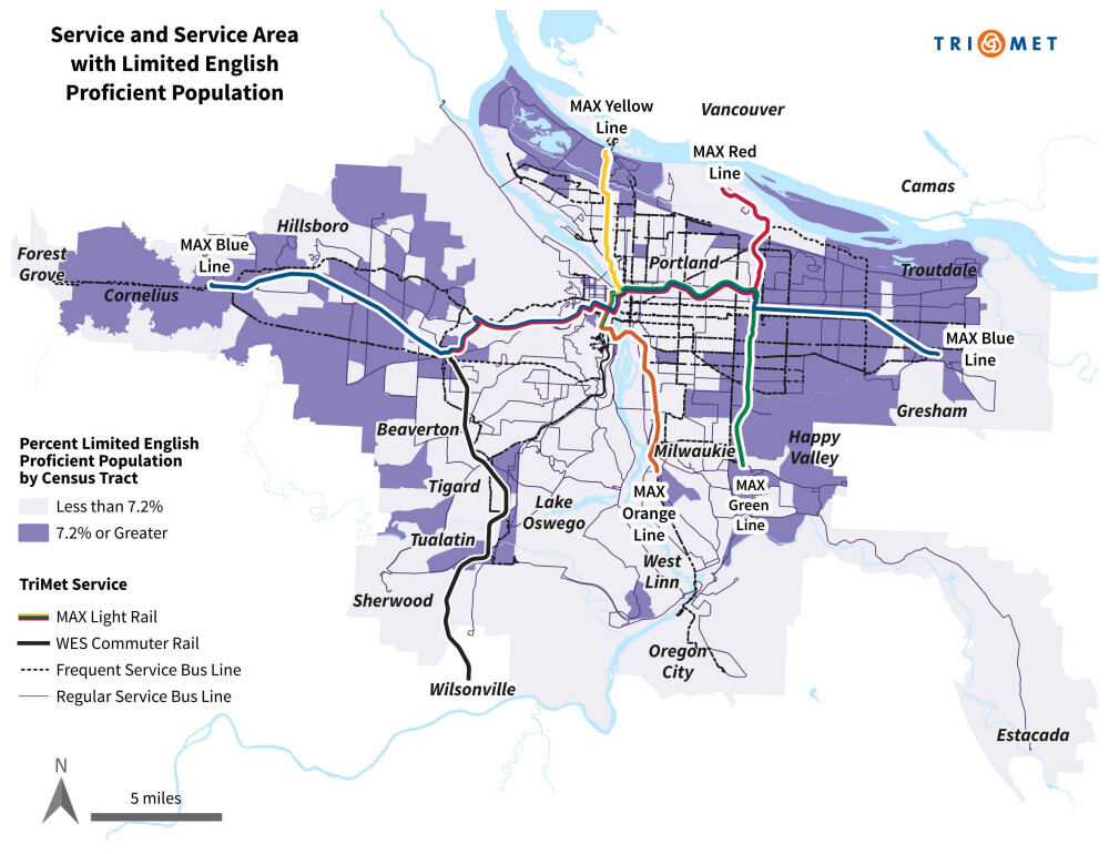 Map showing the TriMet service area, shaded by the percentage of people living there who are classified as Limited English Proficient