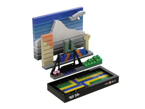 MAX train on a bridge, a mountain backdrop, and a base with the Portland flag