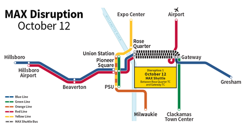 Map showing disruption between Rose Quarter TC and Gateway TC