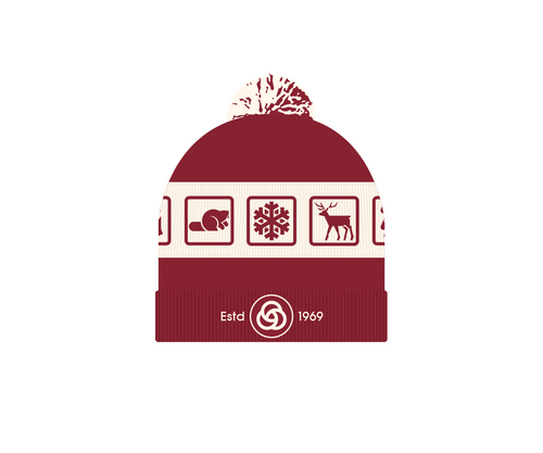 This beanie comes in a burgundy and cream color palette and displays all our former sector symbols