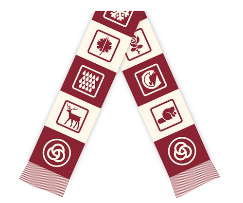 The scarf is long and patterned on both sides with a sequence of our former sector symbols