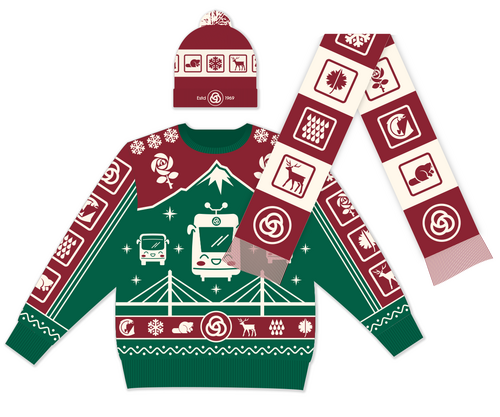 TriMet holiday sweater, scarf and beanie (description below)