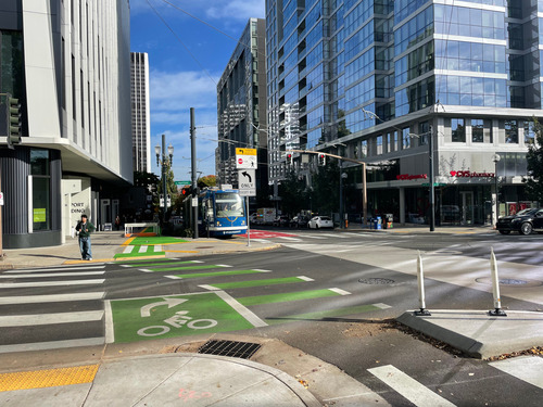 Portland Streetcar at the intersection of Southwest 4th Avenue and Harrison Street