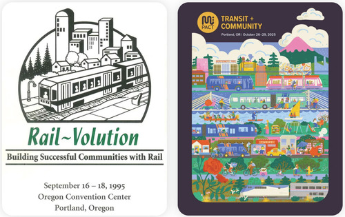 Side-by-side posters from the 1995 and 2025 rail conferences in Portland