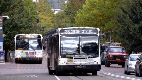TriMet buses on the Transit Mall in Downtown Portland