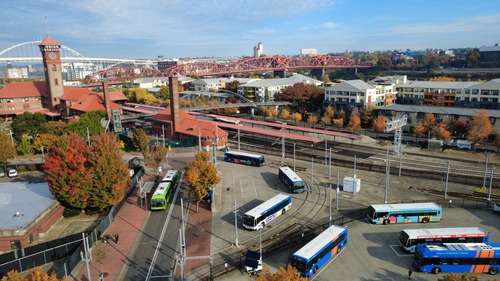 TriMet buses at a layover near Union Station in Northwest Portland