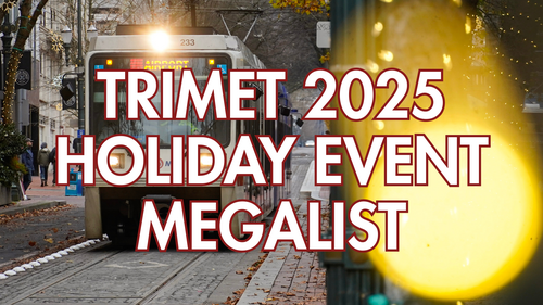 MAX train with holiday lights in the background