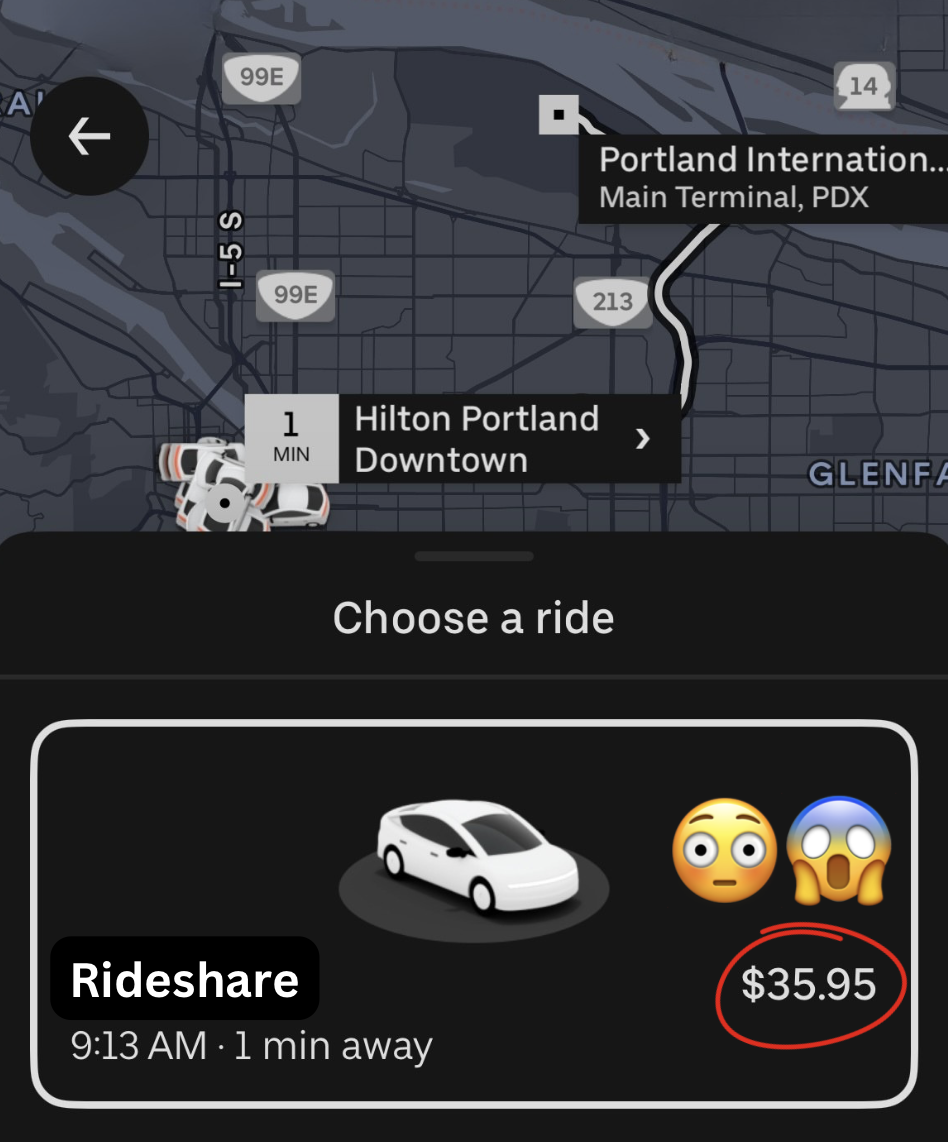 A screenshot of a rideshare app showing a route from Hilton Portland Downtown to Portland International Airport