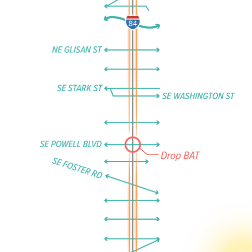 A simplified vertical map graphic of I-84 and nearby Portland streets