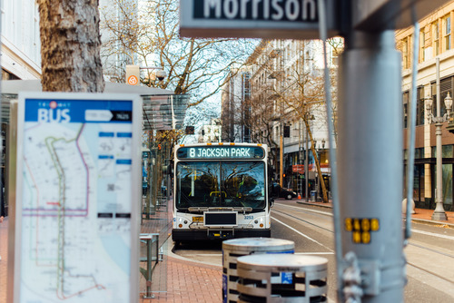 TriMet Line 8 bus on the Downtown Portland Transit Mall.