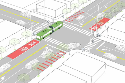 Isometric diagram of Business Access & Transit lanes in use by a TriMet FX bus on 82nd Avenue in Portland.