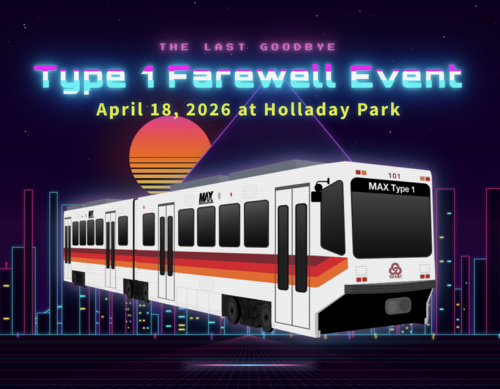 Retro-style graphic of a TriMet MAX Type 1 train with neon colors and a sunset background.