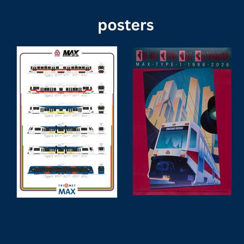 Two train-themed posters: one with six train diagrams, one with a colorful illustrated Type 1 train