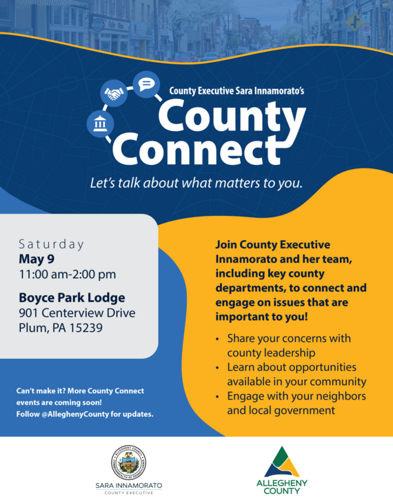 Join County Executive Innamorato on May 9th in Boyce Park for a Family Friendly County Connect Event