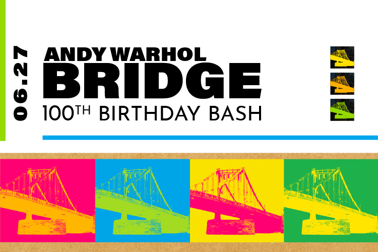 Colorful Andy Warhol Bridge Birthday Bash graphic in the style of pop art