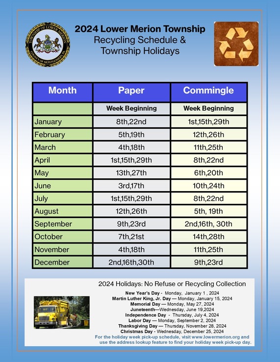 2024 Recycling Schedule & Township Holidays