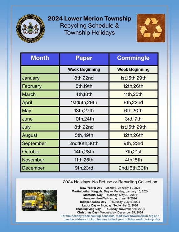 Updated 2024 Recycling Schedule and Township Holidays