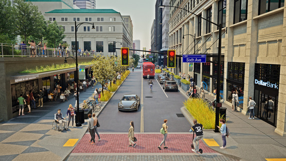 Rendering of Smithfield at Sixth Avenue with extended sidewalks with people of all mobilities and outdoor dining under Mellon Square