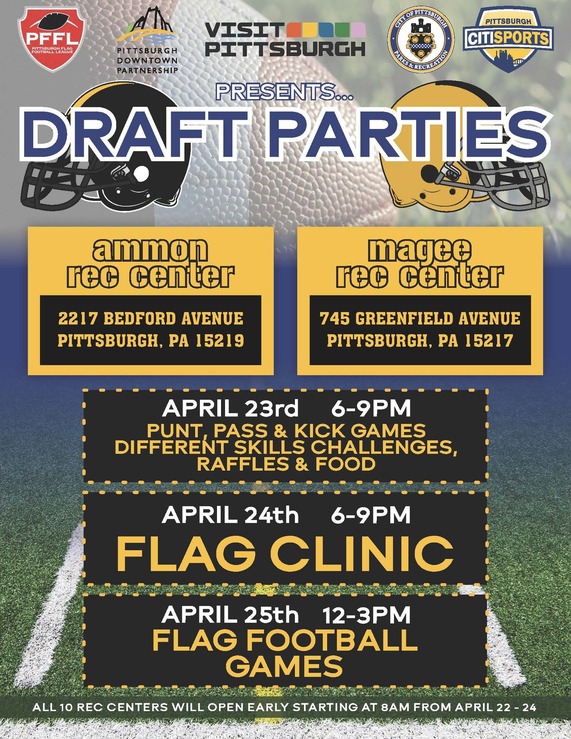 flyer with football background saying partners present Draft Parties at Ammon Rec Center and Magee Rec Center and outlines the activities each day