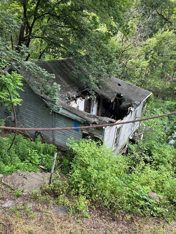 photo of a blue house on an overgrown hillside with the first quarter of the roof fully caved in and the house leaning down the hillside