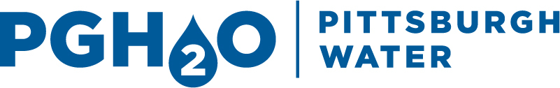 White background, blue writing that says PGH with a water drop with a 2 in it then o with a dividing line that says Pittsburgh Water after