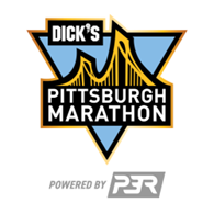 Logo for Dick's Sporting Goods Pittsburgh Marathon in triangle with yellow bridge and Powered by P3R