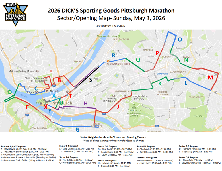 Map of closures for Sunday, May 3, 2026 with each leg of the race marked that winds throughout the city