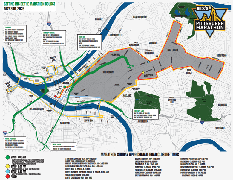 Map of the City of Pittsburgh with the Marathon closures in gray and routes highlighted for vehicles to get in to Downtown and North Shore