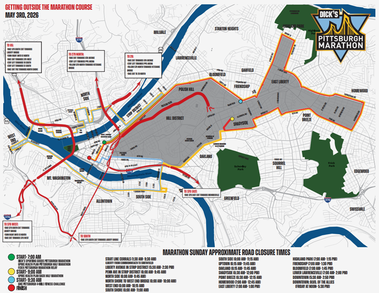 Map of the City of Pittsburgh with Marathon closures blocked out in grey and routes indicating ways to exit Downtown and the North Shore