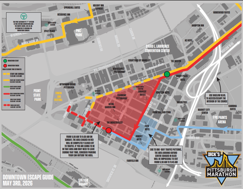 Map of Downtown Pittsburgh with areas shaded in red to indicate no vehicular traffic can get through during Marathon hours