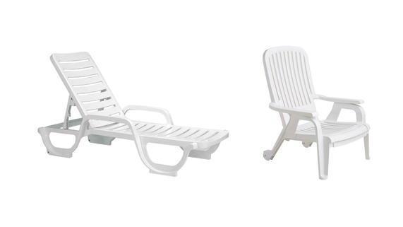 Plain white background with a picture of a white plastic outdoor lounge chair and a white plastic outdoor chair