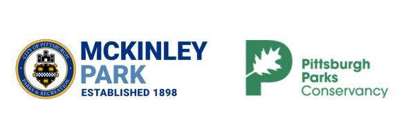 Two logos side by side. First is city seal next to McKinley Park Established 1898 and second is green P with a leaf and Pittsburgh Parks Conservancy