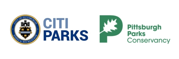 CitiParks circular logo that says CitiParks next to green P logo that says Pittsburgh Parks Conservancy