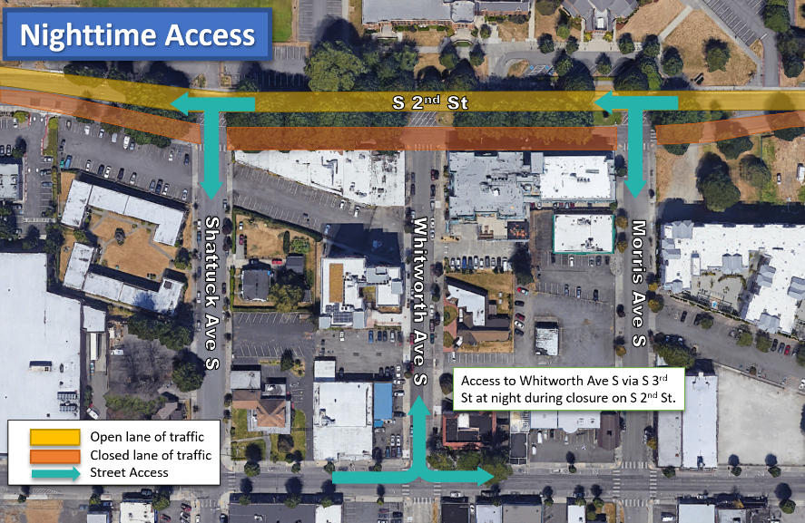 Whitworth Ave S will be closed at S 2nd St at night  and will need to be accessed from 3rd Street. 