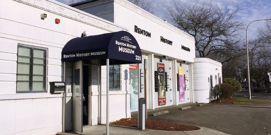 Renton History Museum photo with museum banners on the historic fire station's doors
