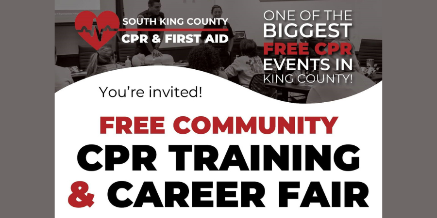 An invitational graphic by South King County CPR & First Aid promoting Free Community CPR Training & Career Fair