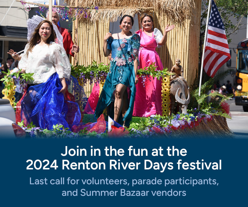 Graphic of four people on a Renton River Days parade float with an American flag