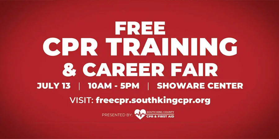 A red graphic with white text "FREE CPR TRAINING & CAREER FAIR 10AM-5PM SHOWARE CENTER"