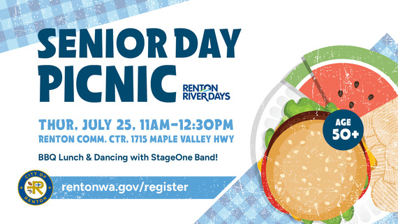 Senior Day Picnic Graphic with watermelon and a hamburger on the side. Text including Thursday July 25 11am - 12:30 p.m..