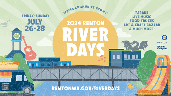 2024 Renton River Days graphic with a giant sun and many colorful icons symbolizing the event. July 26-28.