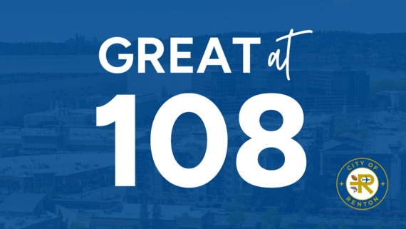 Blue graphic with the bold text "Great at 108". A transparent image of Renton is visible in the background.