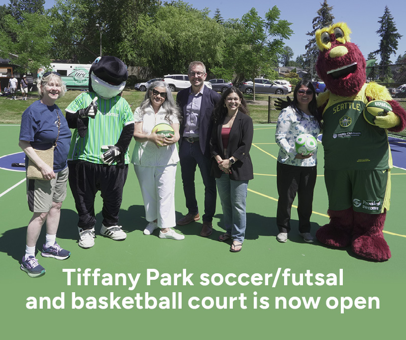 This Week in Renton Graphic with Mayor Armondo Pavone, Renton City Councilmembers, and the mascots for the Seattle Storm and Seattle Sounders FC