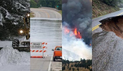 graphic of four different hazard images including snow, flood, fire, and road washout